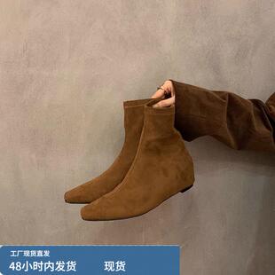 小个子内增高棕色覆古短筒靴瘦瘦靴女靴子春夏新款法式短靴及裸靴