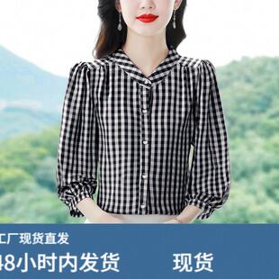 格子衬衫女款2026新款夏季超火七分袖立领雪纺上衣高端轻奢高级感
