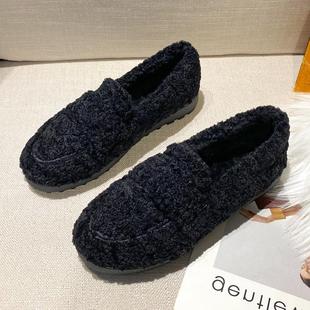 女鞋 毛毛鞋 大码 女冬外穿厚底羊羔毛豆豆鞋 41到43 加绒保暖奶奶棉鞋