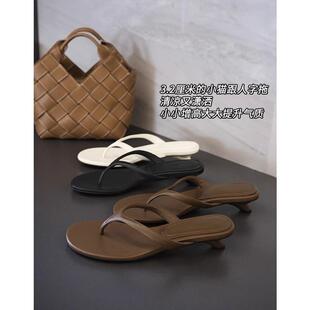 真皮细跟高跟凉鞋 度假风小猫跟拖鞋 女 夹脚人字拖外穿法式 羊皮版