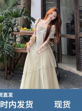 法式碎花一字肩网纱T恤女夏季2026新款时尚洋派宽松半身裙套装潮