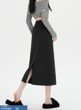 黑色毛呢半身裙女秋冬2025新款高腰直筒中长裙小个子包臀a字长裙
