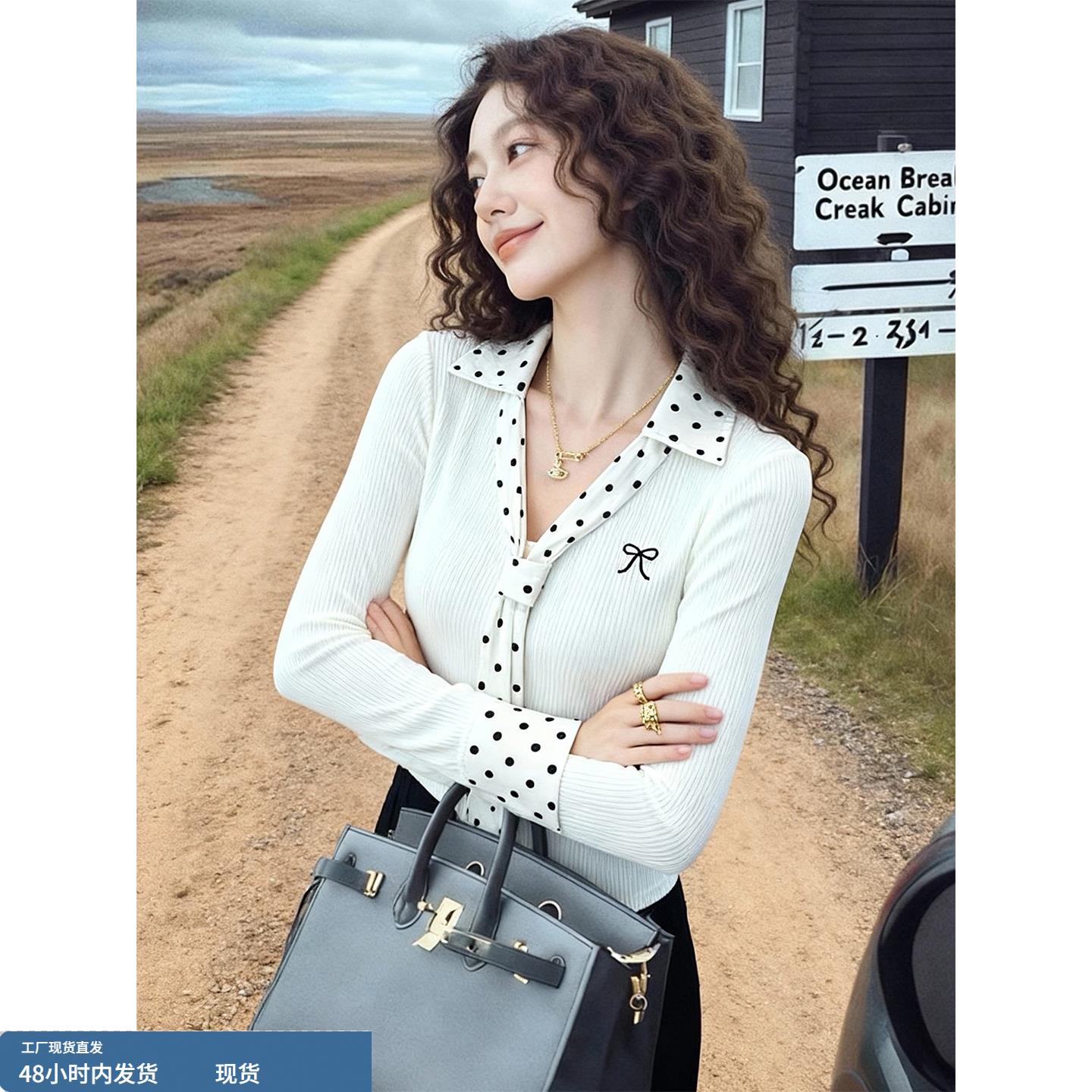 白色波点领带v领长袖t恤女2025年秋冬新款小众设计感修身内搭上衣