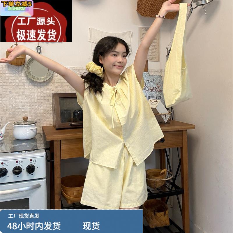 黄色短袖衬衫女夏2025新款小个子宽松显瘦减龄百搭衬衣上衣配挎包