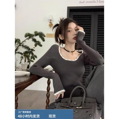 法式灰色方领针织打底衫女秋冬高级感修身内搭毛衣小众设计感上衣