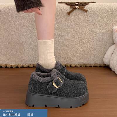 厚底加绒灰色毛呢勃肯鞋女冬2025新款毛毛鞋豆豆棉鞋子保暖雪地靴