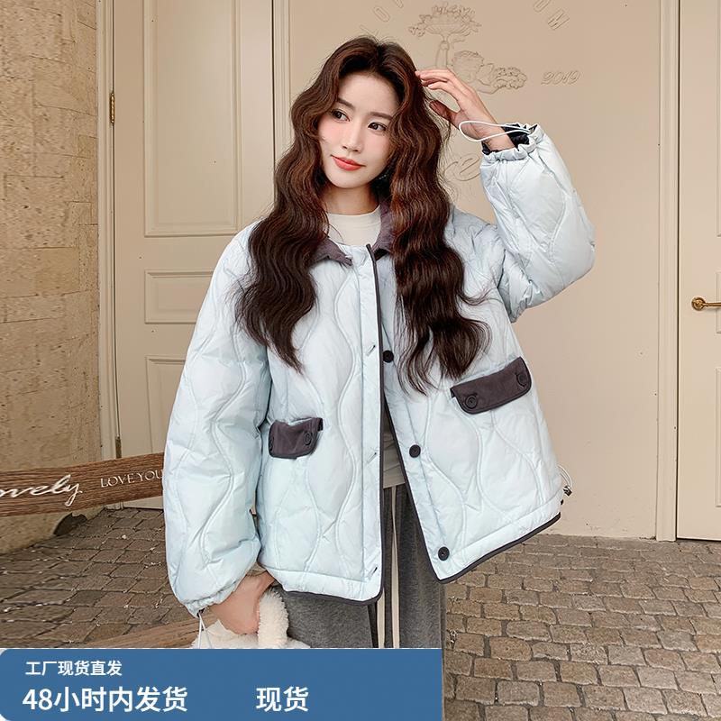 淡蓝色菱形格两面穿羽绒服女冬季加厚短外套韩系超火小个子白鸭绒