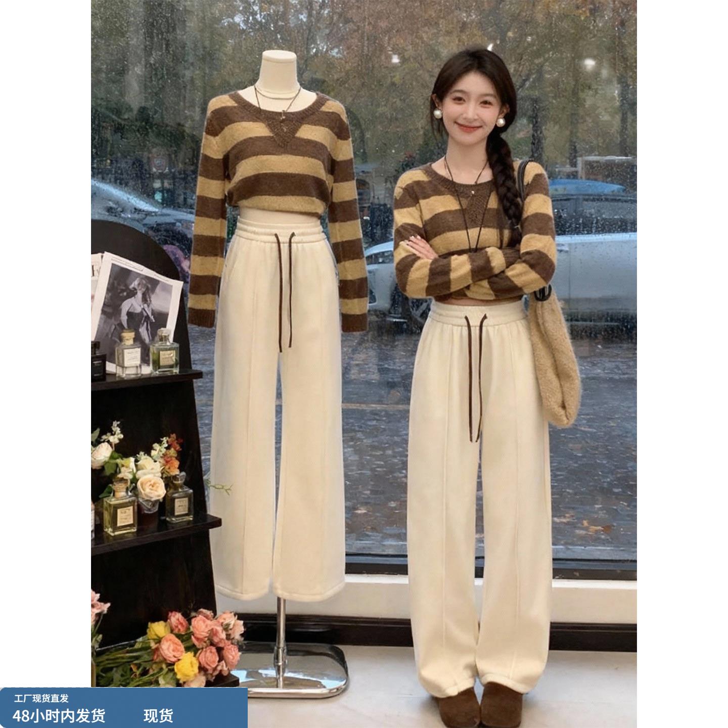 高腰抽绳加绒卫裤女2025秋冬新款宽松垂感直筒阔腿裤休闲显瘦长裤