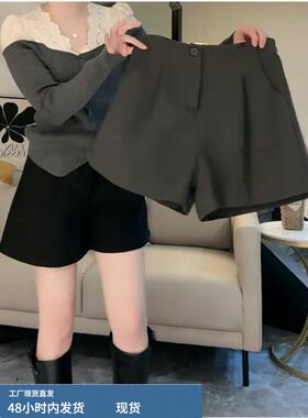 灰色高腰宽松显瘦阔腿a字短裤女秋冬季辣妹外穿打底黑色毛呢靴裤