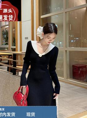 法式黑色长袖针织连衣裙女春季新款复古花朵v领收腰显瘦A字长裙