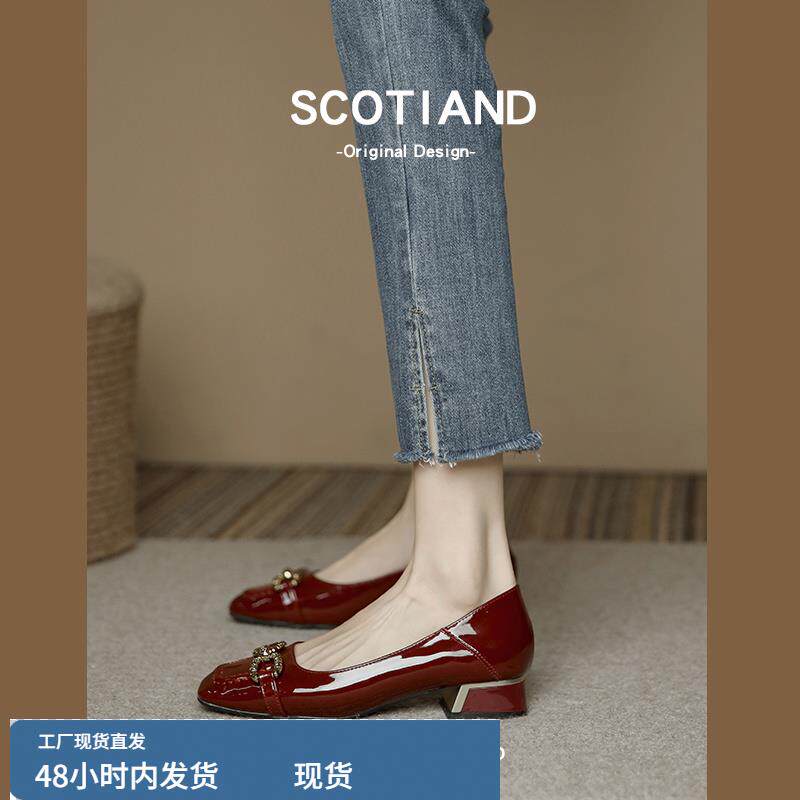 低跟酒红色单鞋2025春秋新款晚晚风温柔仙女配裙子黑色工作小皮鞋图片