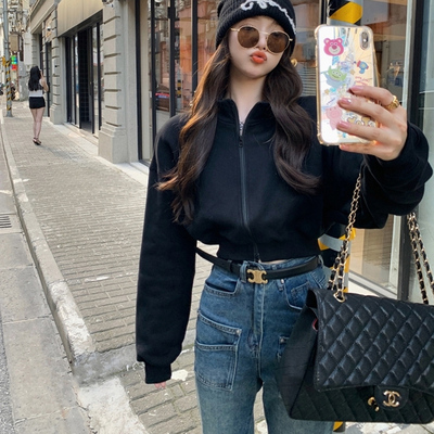 半高领短款双拉链卫衣外套