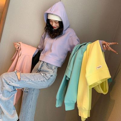 糖果色超好看短款连帽卫衣