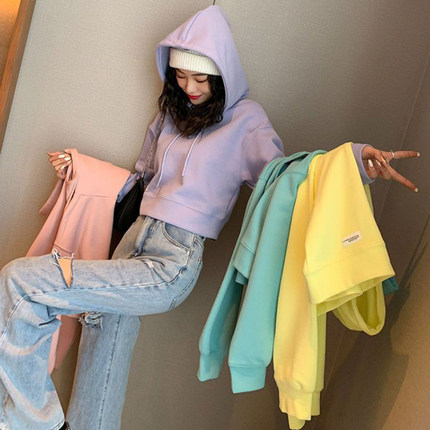 糖果色超好看短款连帽卫衣女秋冬2024新款爆款小个子加绒加厚上衣
