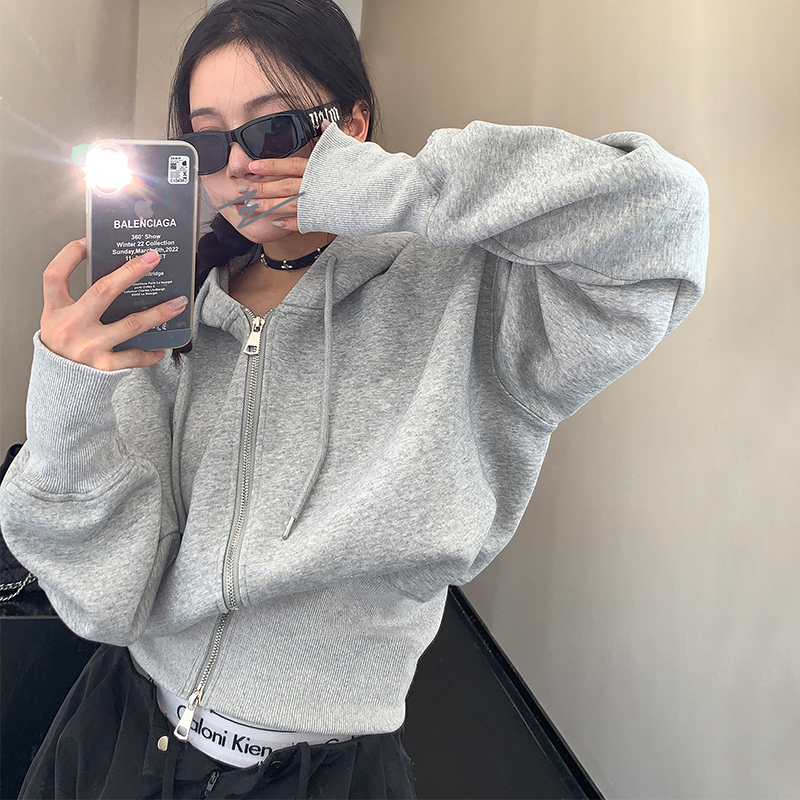 高质量灰色卫衣外套加绒加厚