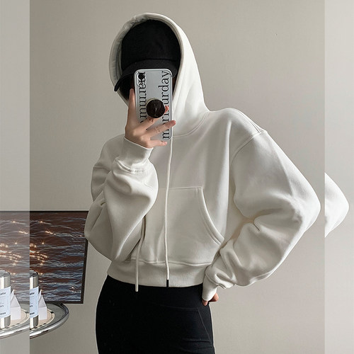 加绒加厚宽松短款连帽卫衣女