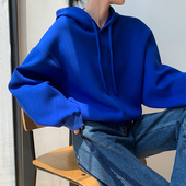 克莱因蓝连帽卫衣女高级感加绒加厚秋冬2025新款 韩系慵懒宽松上衣