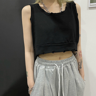挖肩工字黑色背心女夏外穿辣妹jazz爵士无袖 露脐上衣 独特漂亮短款