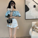 抹胸一字肩荷叶边上衣女高级感小众独特别致夏款 露肩短款 蓝色衬衫