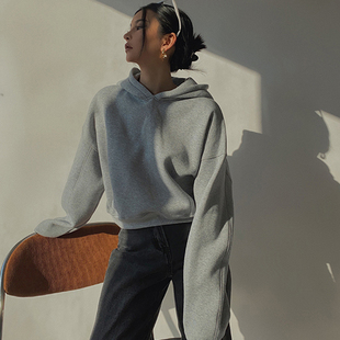 美式慵懒复古灰色短款连帽卫衣女秋冬2025新款加绒加厚小个子上衣