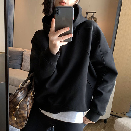 加绒加厚黑色连帽短款卫衣女款秋冬2024新款爆款小个子超好看上衣