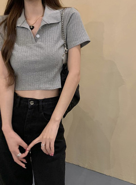 灰色针织短袖正肩t恤女夏季2023新款polo领辣妹露脐短款上衣ins潮