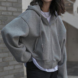 连帽短款灰色拉链卫衣外套女款秋冬新款韩系慵懒风加绒小个子上衣