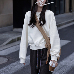 超好看白色短款卫衣女款小个子秋冬2025新款加绒加厚圆领套头上衣