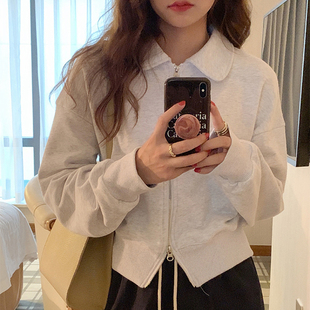 polo领短款灰色翻领卫衣开衫外套女款小个子秋冬加绒宽松韩系上衣