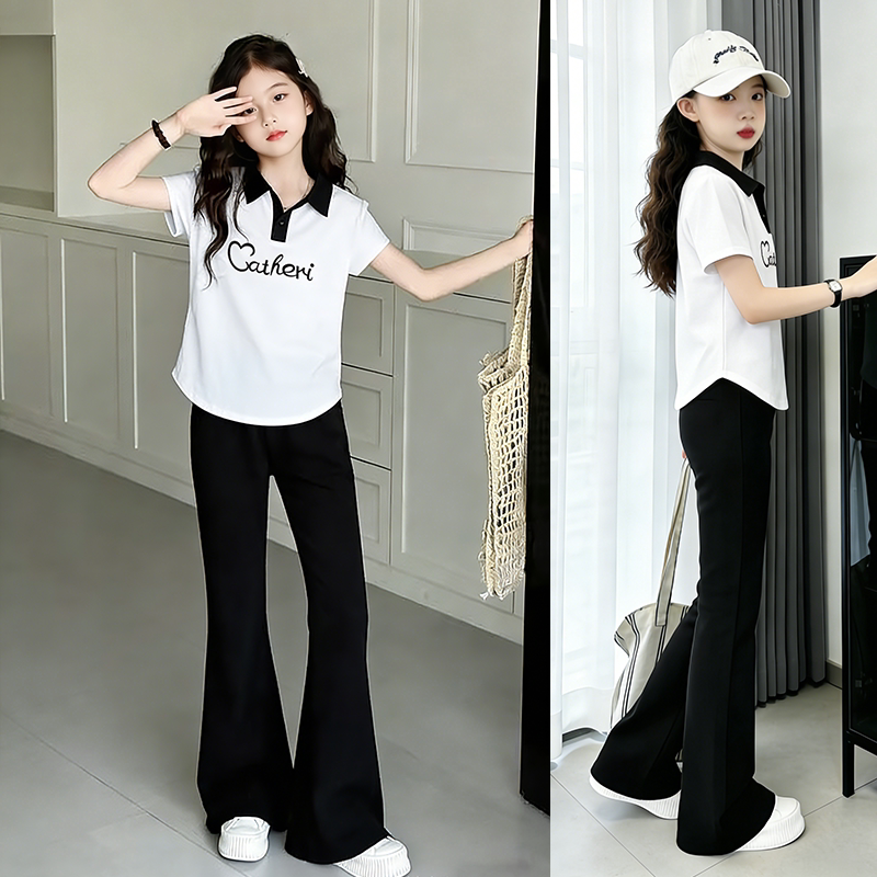 女童夏季POLO领短袖微喇裤套装图片