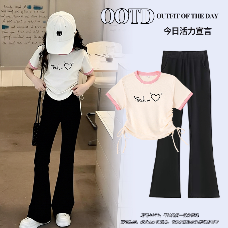 女童夏季韩版抽绳短袖微喇裤套装图片