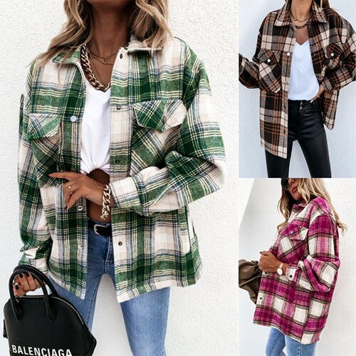 Ins autumn and winter loose casual Vintage Plaid Long