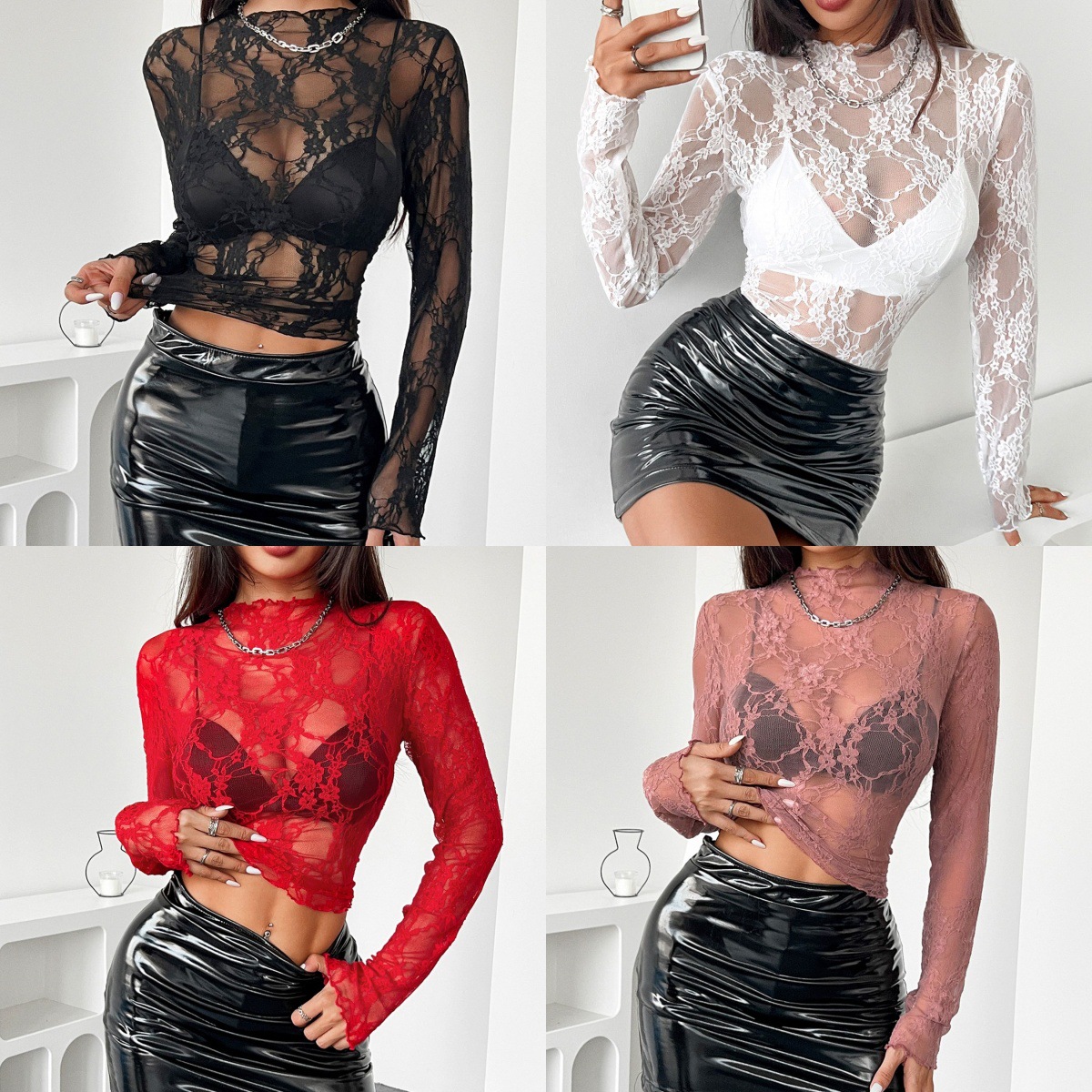 Elegant Fashion Ladys Lace Trim Slim Fit Long Sleeve Blouse