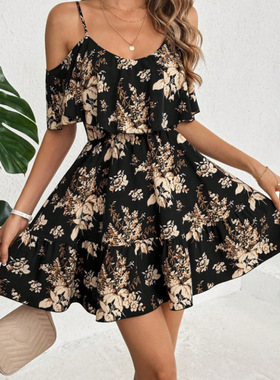夏季新款欧美风黑色气质印花露肩吊带荷叶边短袖连衣裙短裙DRESS
