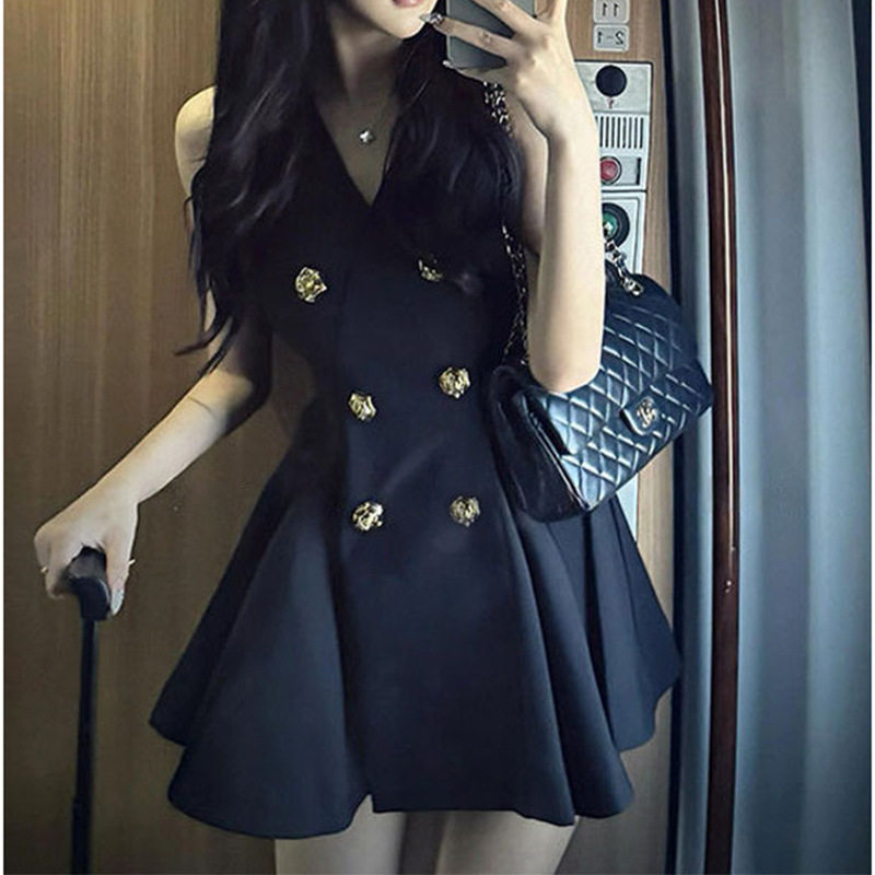 夏季新款欧美时尚通勤OL深V领双排扣A字无袖背心连衣裙短裙DRESS