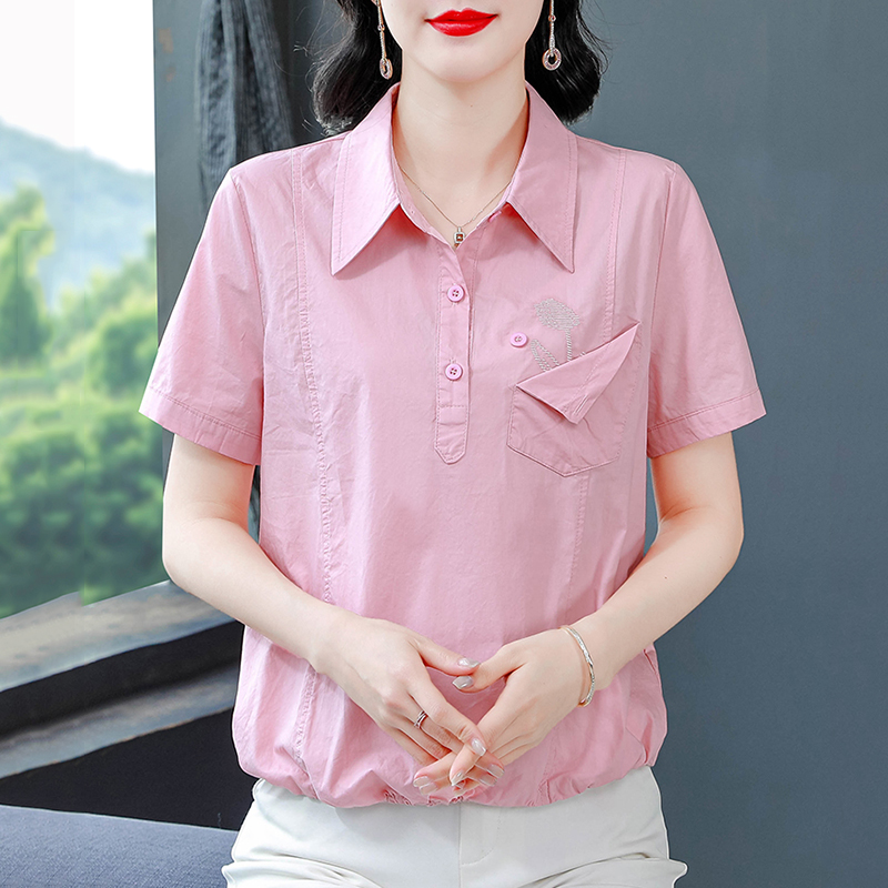 中年妈妈款夏装翻领纯色短袖衬衫女士夏天半开领衬衣舒适透0616d