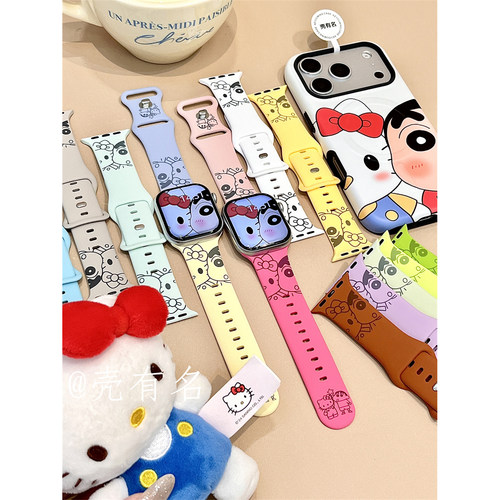 卡通贴脸小新猫咪适用苹果iwatchS11硅胶表带applewatchs10/S9/S8