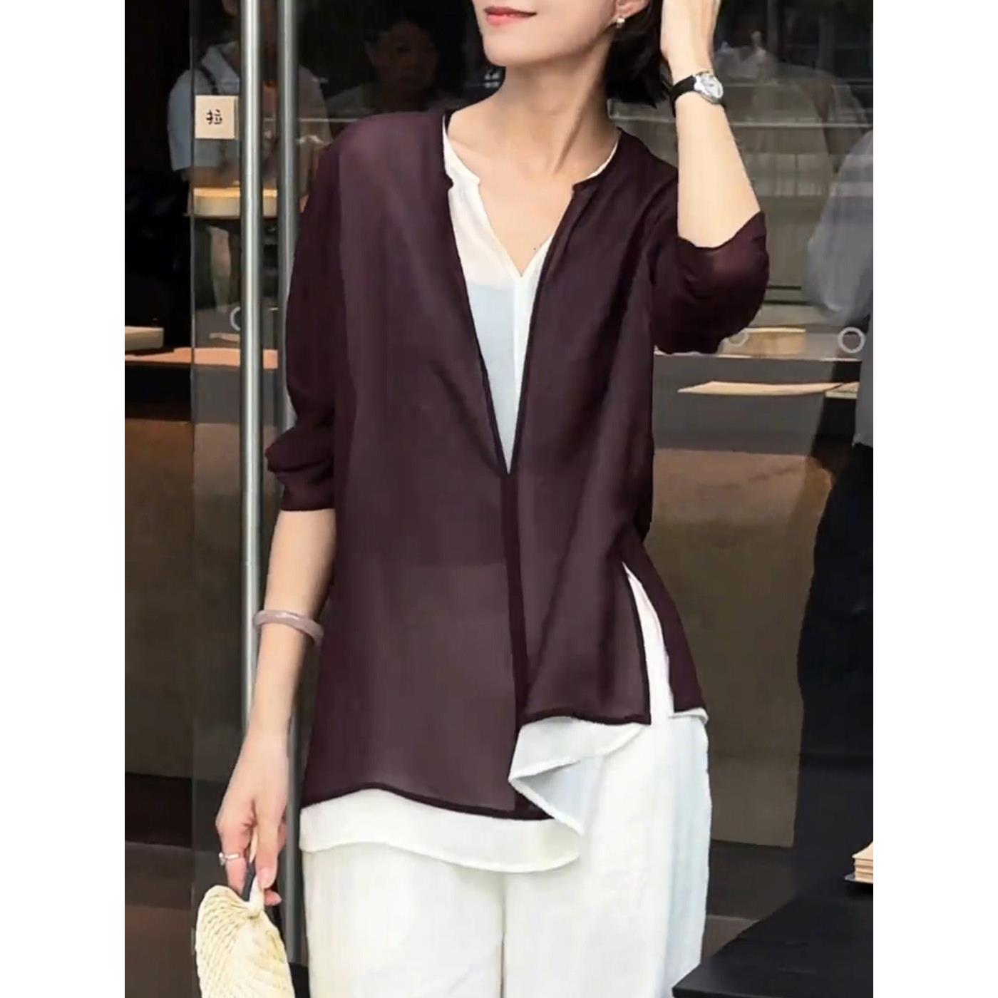 JOYIASS2025新款老钱风松弛感设计假两件V领长袖衬衫女装秋冬季宽