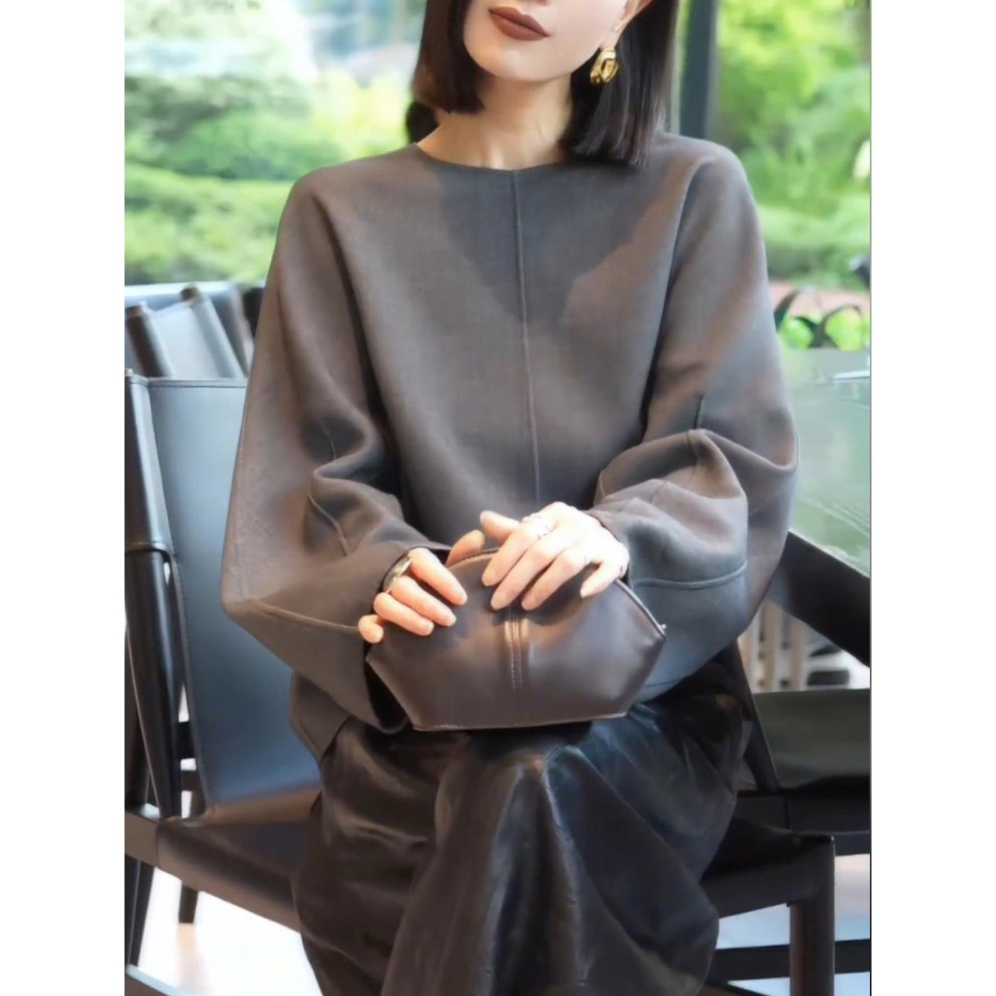 JOYIASS2025新款欧货灰色圆领长袖衬衫女装春秋季简约气质休闲独