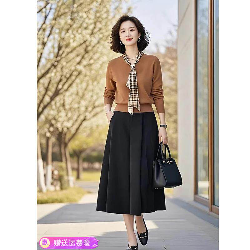 JOYIASS2025新款40到50多岁女装套装春秋气场强大棕色针织衫半身