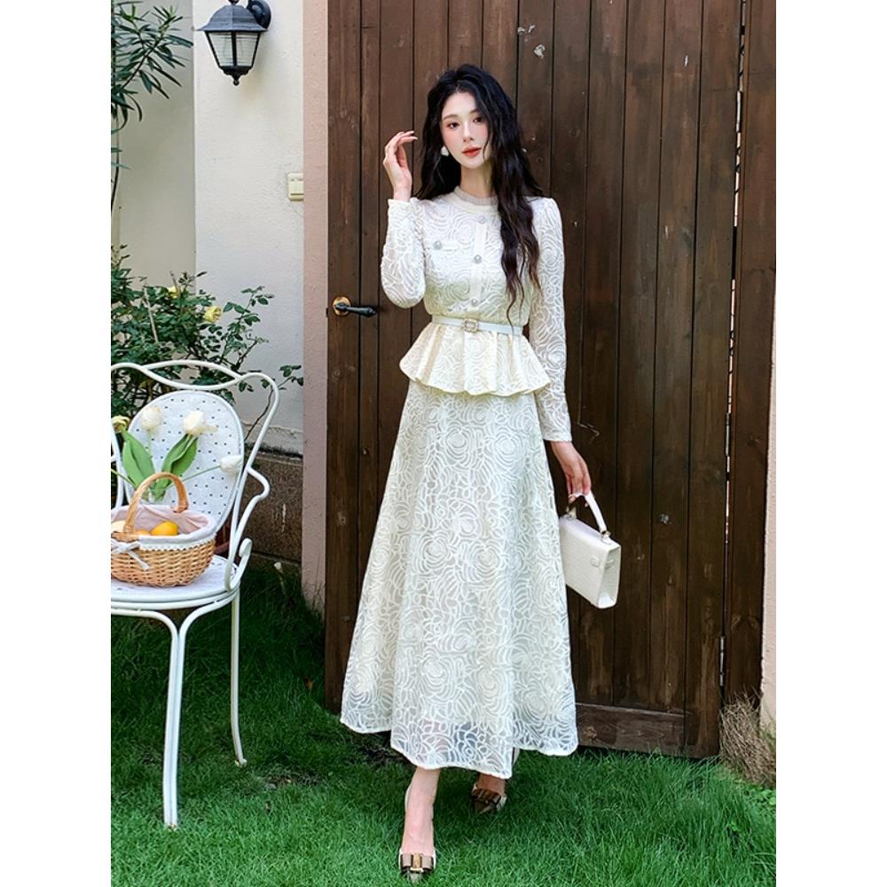 JOYIASS赫小本香风高级法式晚礼服时尚名媛气质水溶蕾丝长袖连衣