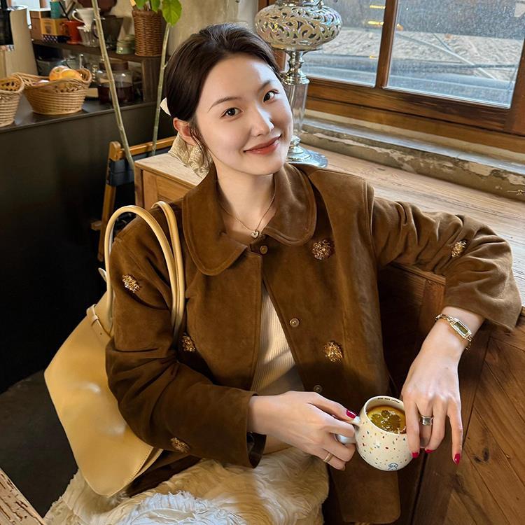 JOYIASS2025新款钉珠绒面皮衣外套女装春秋复古独特夹克今年流行