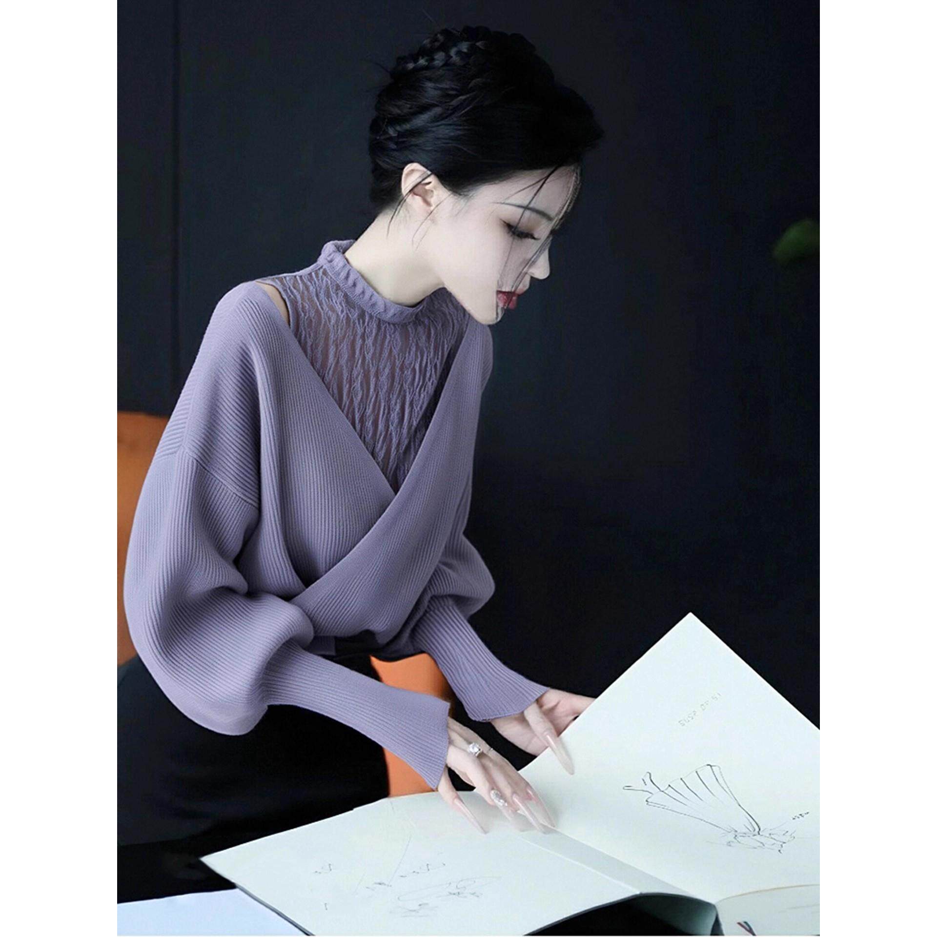 JOYIASS2025新款韩系紫色蕾丝拼接长袖针织衫女装秋冬氛围感小众