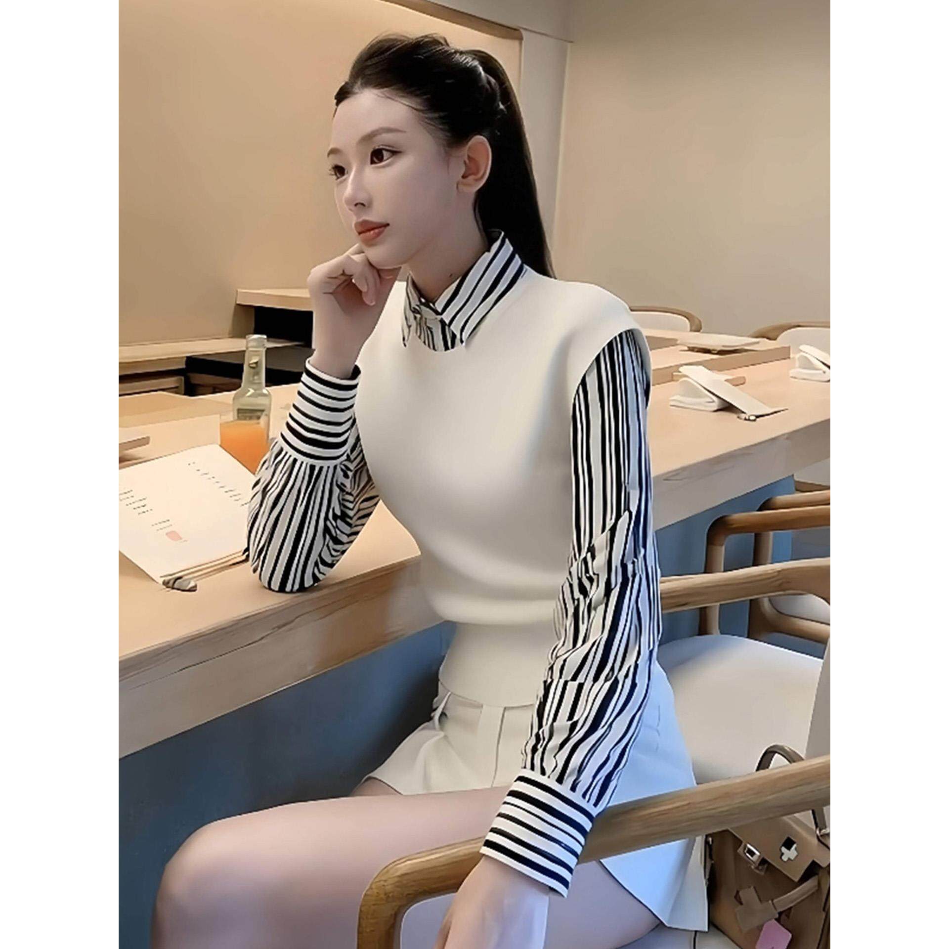 JOYIASS2025新款假两件白色polo领针织衫女装秋冬早秋季穿搭韩系