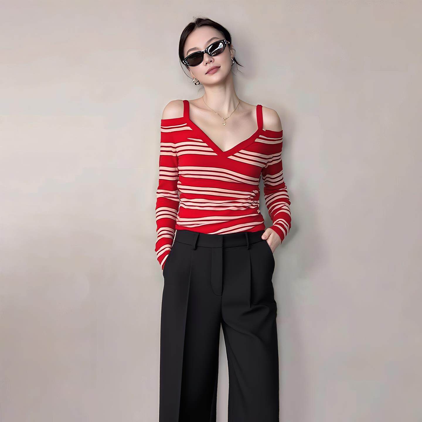JOYIASS2025新款慵懒松弛感上衣女装春秋chic别致红色条纹露肩长