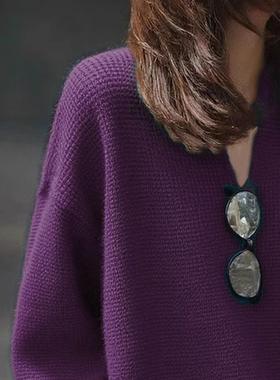 JOYIASS2025新款氛围感穿搭针织衫女装秋冬季紫色华夫格针织套衫V