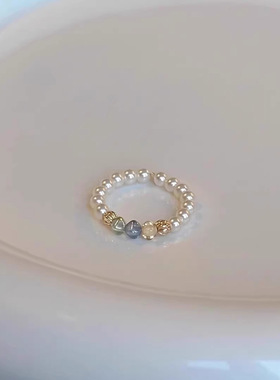 烟雨彩色捷克珠珍珠戒指女小众设计高级感法式独特厂家直销