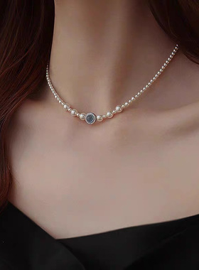 施家baby珍珠项链海蓝宝吊坠法式轻奢小众锁骨链气质百搭高级