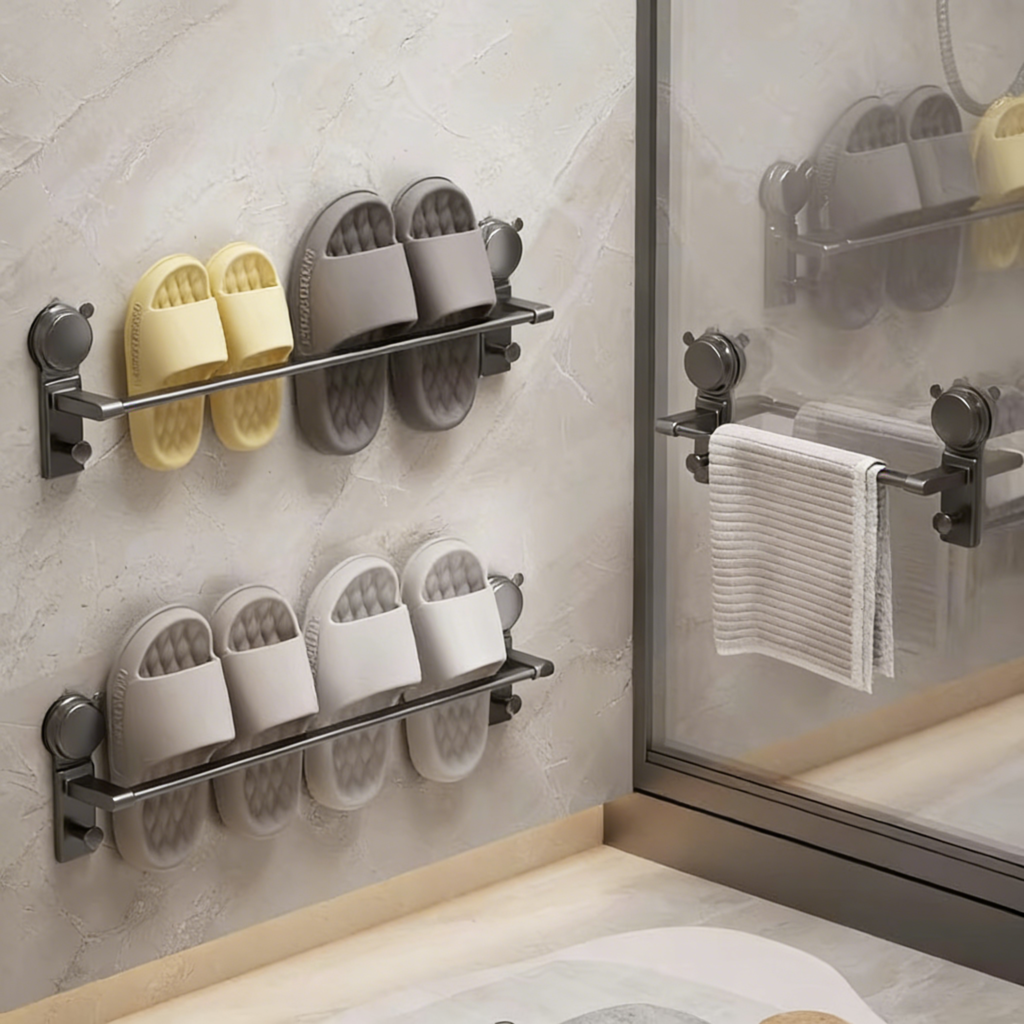 卫生间吸盘拖鞋架免打孔壁挂家用浴室厕所挂杆毛巾拖鞋沥水收纳架,收纳整理,鞋子收纳架,淘宝优惠券,粉丝福利购,淘宝优惠卷