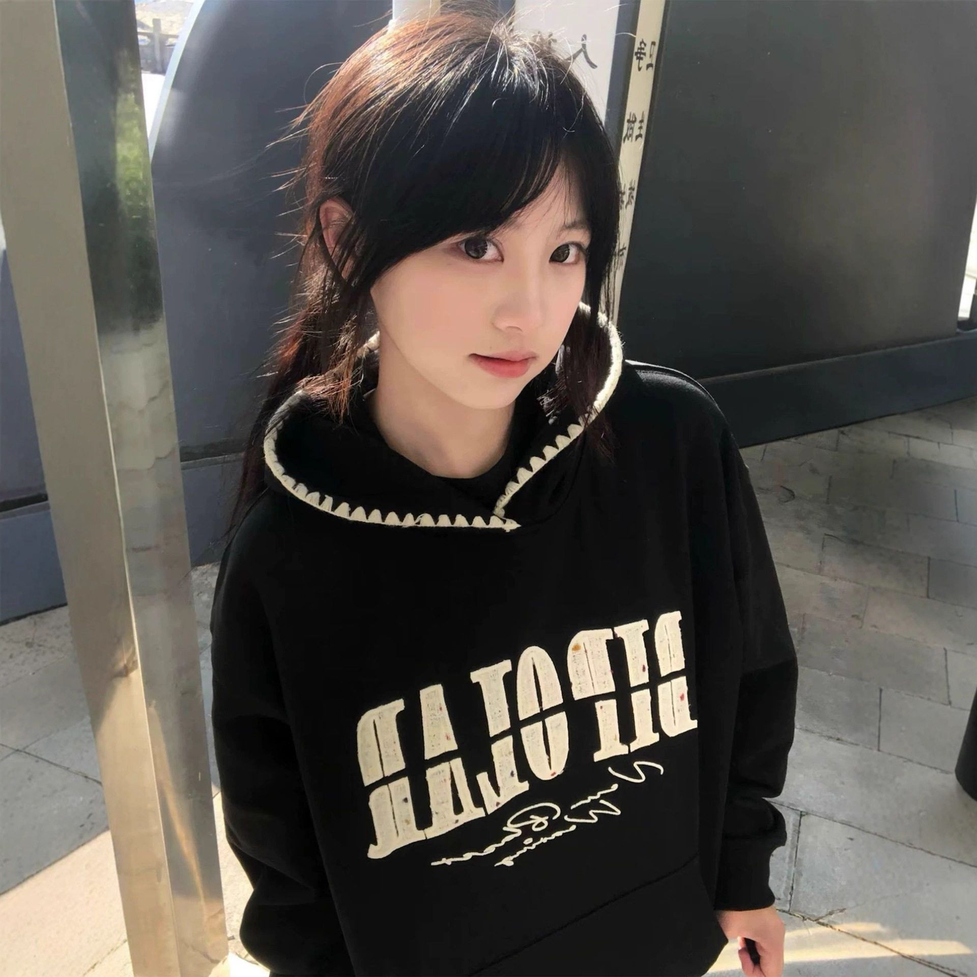 美式高街字母刺绣连帽卫衣女秋冬2025新款oversize设计感小众